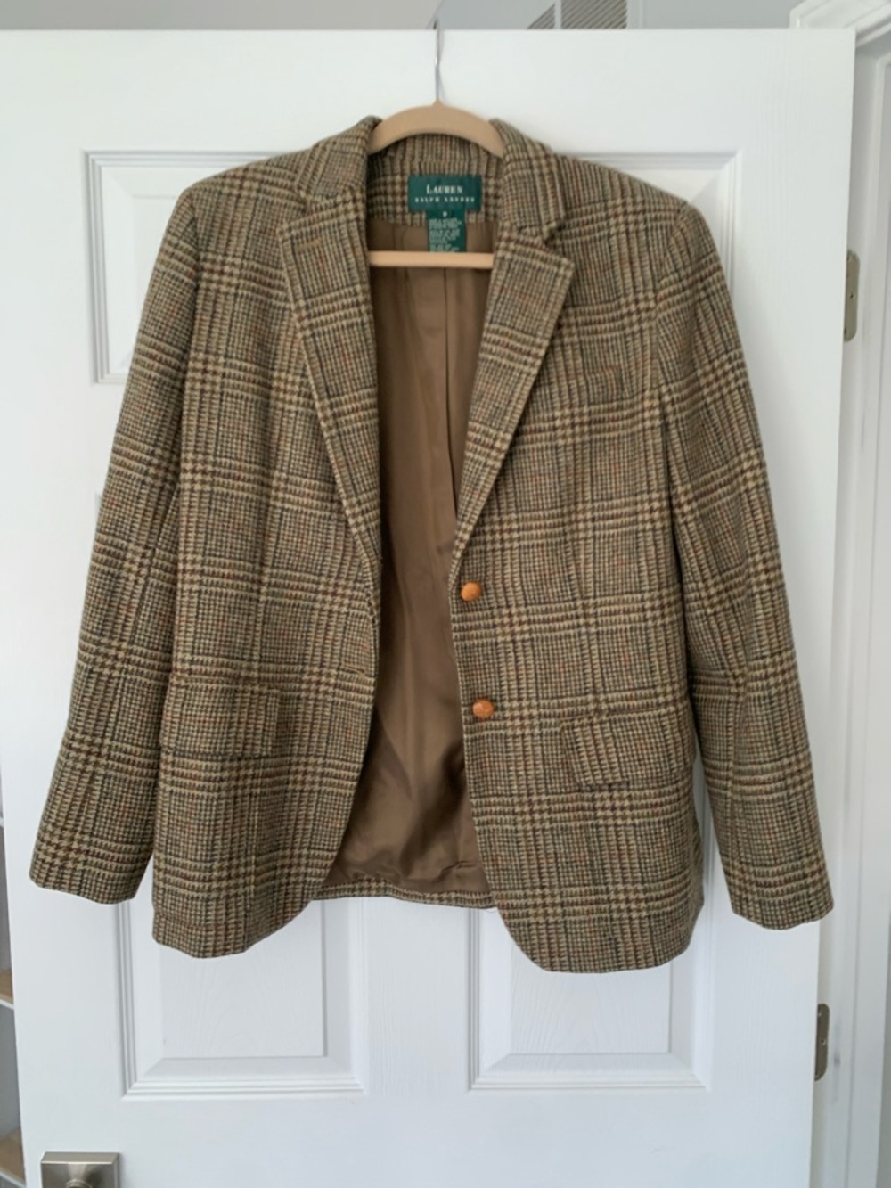 Lauren Ralph Lauren Brown and Tan Size 8 Plaid 100% Wool Blazer
